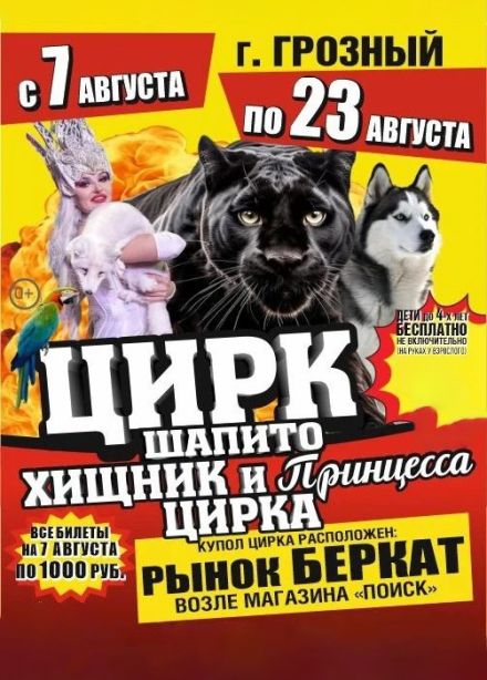 Цирк-шапито «Циркуслэнд». Шоу «Хищник и принцесса цирка», Грозный